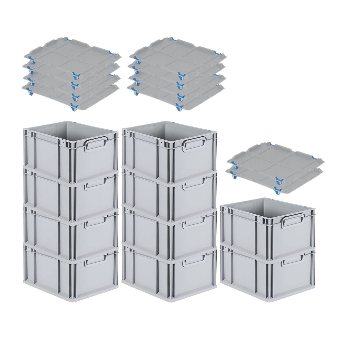 PROREGAL SparSet 10x Eurobox NextGen Grip mit Auflagedeckel & 4 blauen Verschlüssen, HxBxT 22x30x40cm, 20L, Grau, Griffe zu, Eurobehälter