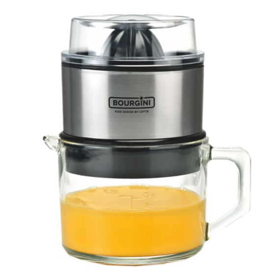 BOURGINI - Espremedor de sumos com jarro de vidro. Capacidade 0,75L, Potência 60W, Sistema anti-gotejamento, Aço inoxidável, Destacável