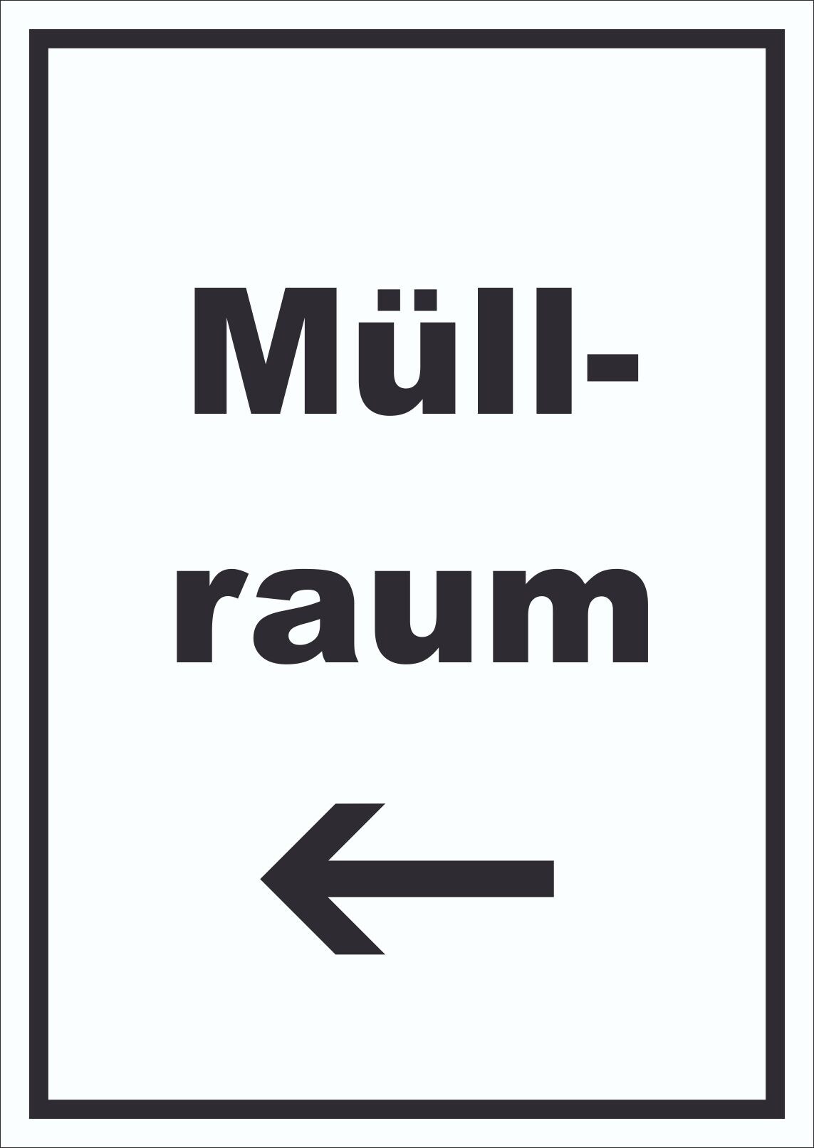 Müllraum Schild mit Text Richtungspfeil links Abfall Mülltrennung hochkant A4 Rückseite selbstklebend
