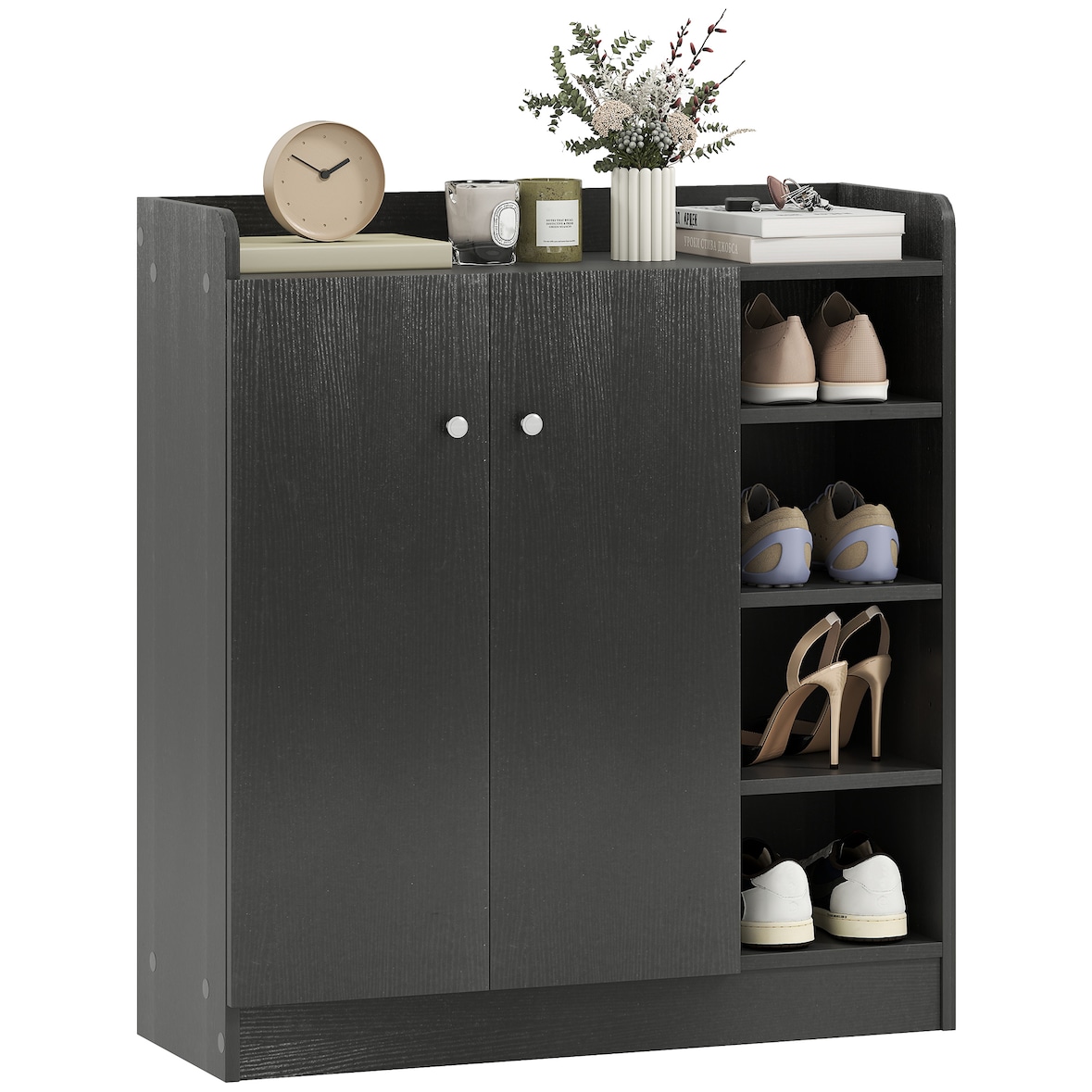 Zapatero Armario Madera Mueble Zapatero Gabinete 2 Puertas 4 Estantes Negro