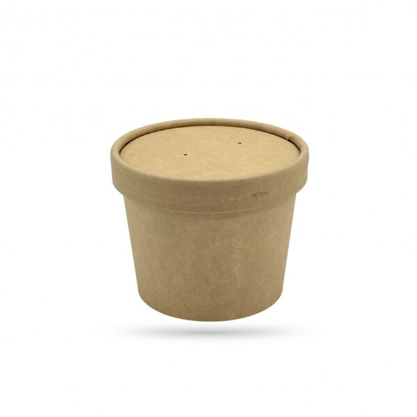 Pot alimentaire Gamme Kraft Brun 340 ml (12 oz) avec couvercle 9 X 7.3 X H.9 cm (25 U)