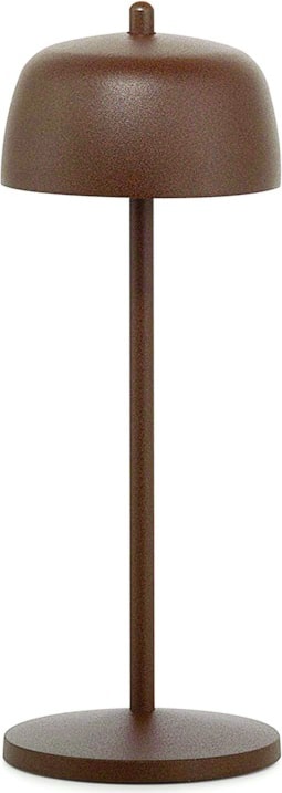 Eine braune Tischlampe mit rundem Sockel.
