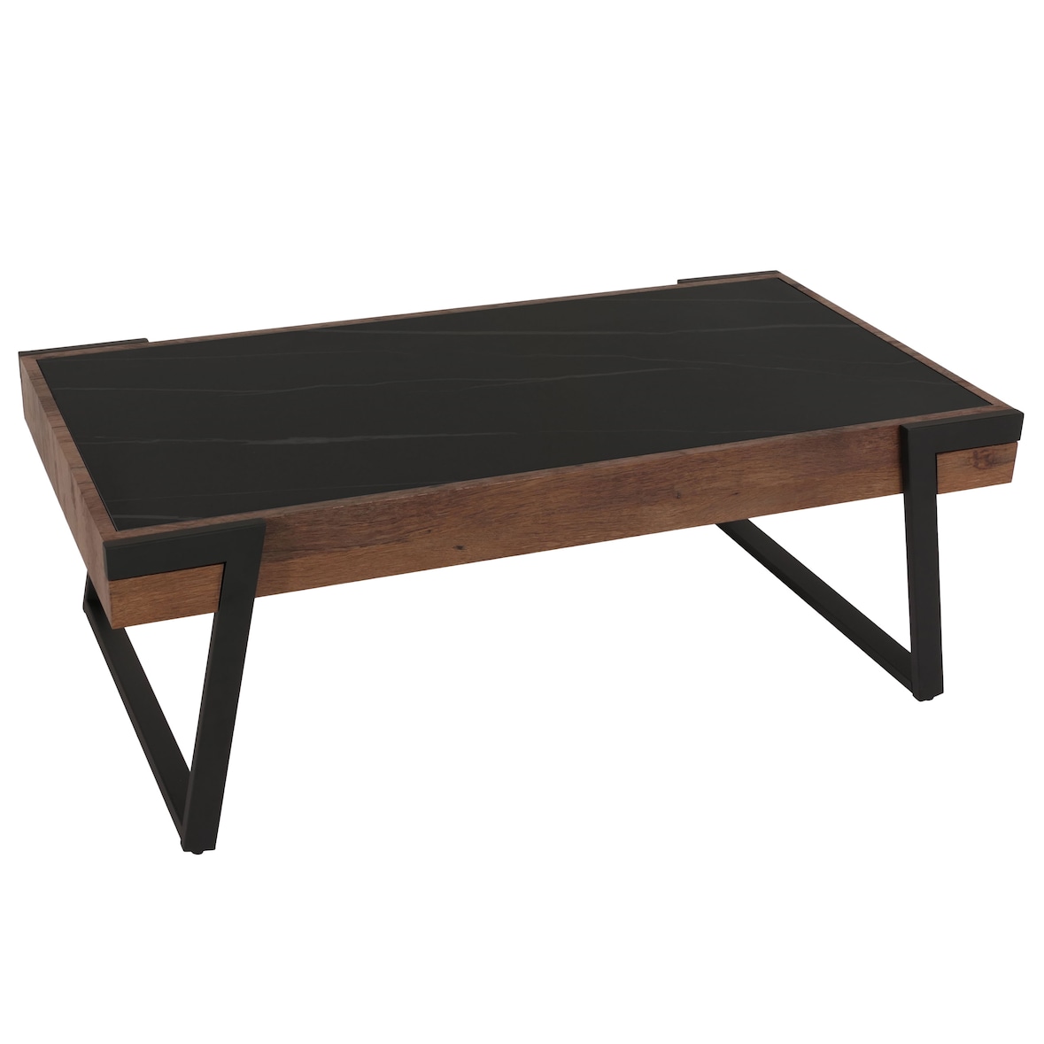 Tavolino HWC-L89, tavolo da salotto, ferro 43x120x64cm pietra sinterizzata aspetto marmo nero legno marrone scuro