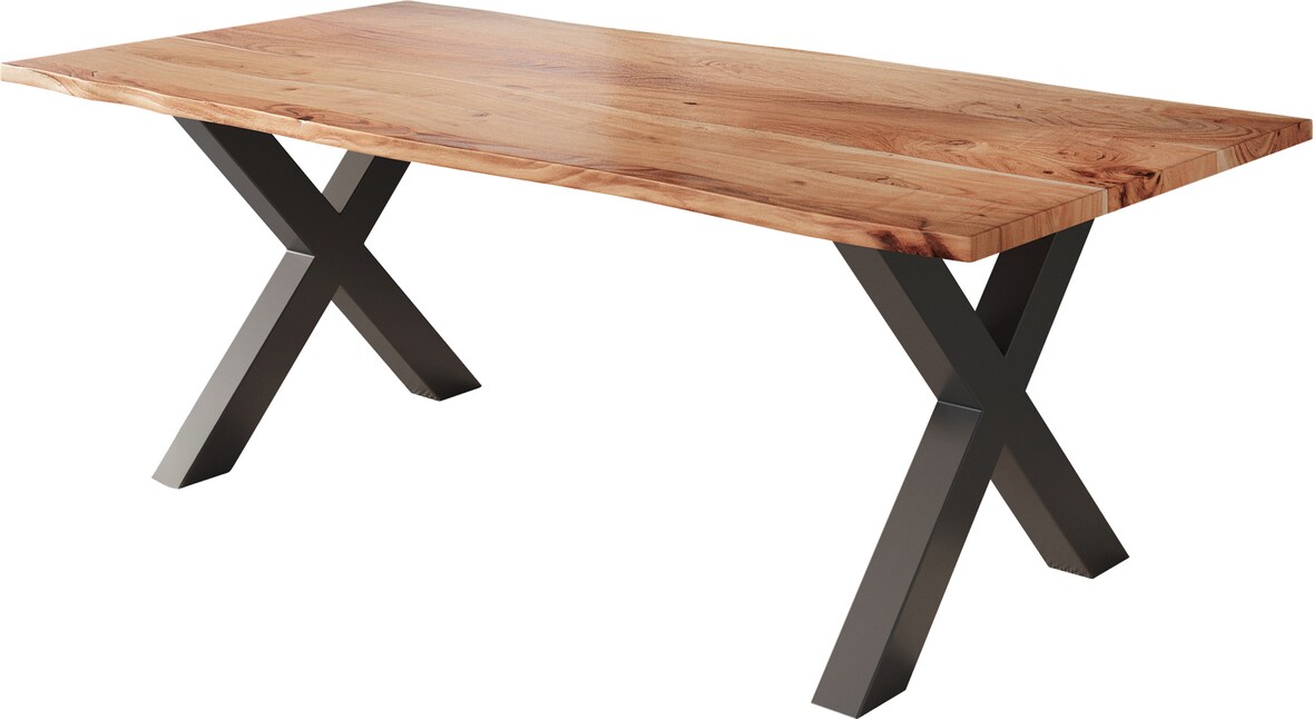 Esstisch Baumkante massiv Akazie natur 220 x 100 schwarz X-Gestell NICK