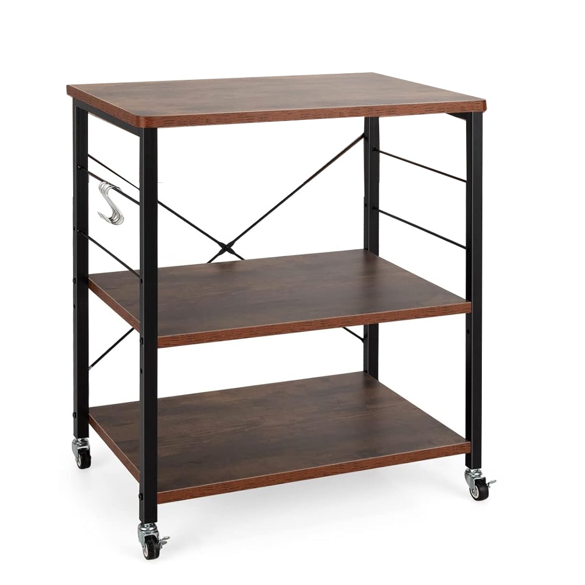 COSTWAY Carrito de Servicio de 3 Niveles, Carrito con Estante Ajustable y 10 Ganchos Desmontables, Carrito de Cocina con Ruedas