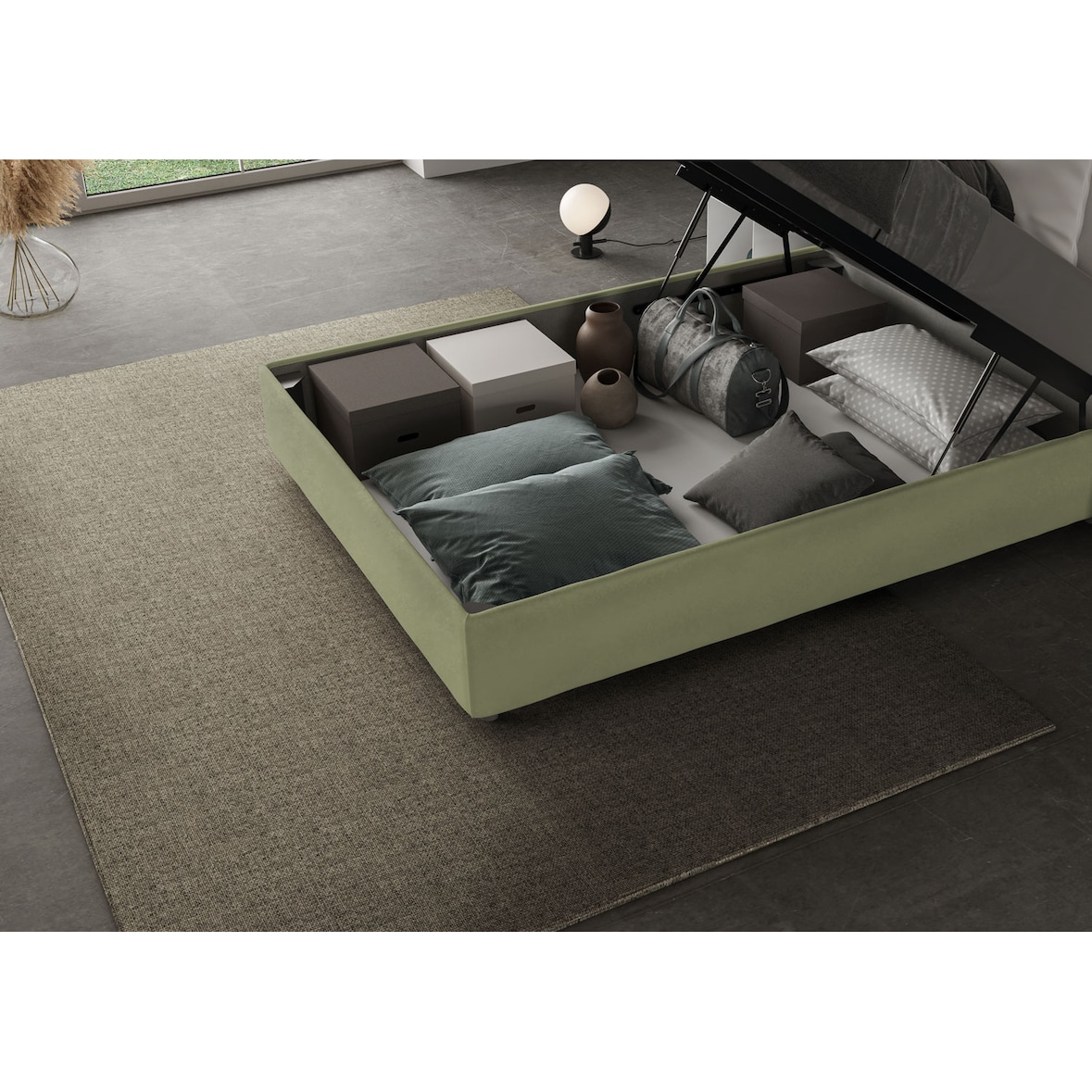 Letto una piazza e mezza contenitore imbottito 130x190 microfibra tè verde Antea