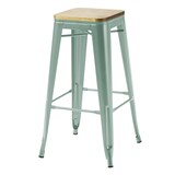 thumbnail of Set mit 4 Barhockern aus mattem Metall in Graugrün und Holz