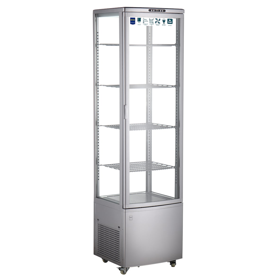 METRO PROFESSIONAL Vetrina panoramica refrigerata GGC3270SV, 51.5 x 48.5 x 189.5 cm, 270 L, 4 ripiani regolabili, con 4 ruote, argento