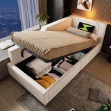 thumbnail of Komfortables Sofa-Bett Samtstoff mit Stauraum Hydraulik Lattenrost Leselampe USB-C Modernes Tagesbett Wohnzimmer 90x190 cm Beige