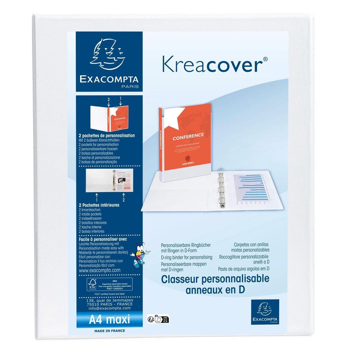 Exacompta 51820E 10x Ringbuch, 2 Ringe 15mm in D-Form, Rücken 38mm Rücken, 3 Außen- und 2 Innenhüllen, 32x27,3cm A4 MAXI - Kreacover - Weiß