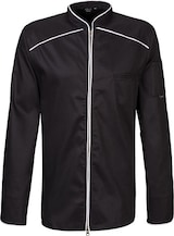 thumbnail of 220 - Kochjacke langarm, 2-wege RV, Fb. schwarz mit farbiger Paspel : weiß 65% Polyester 35%Baumwolle 220 g/m² S