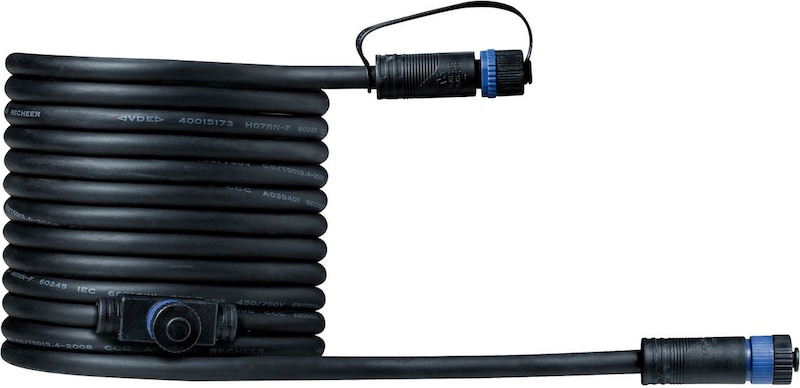 Un câble noir enroulé avec des connecteurs.