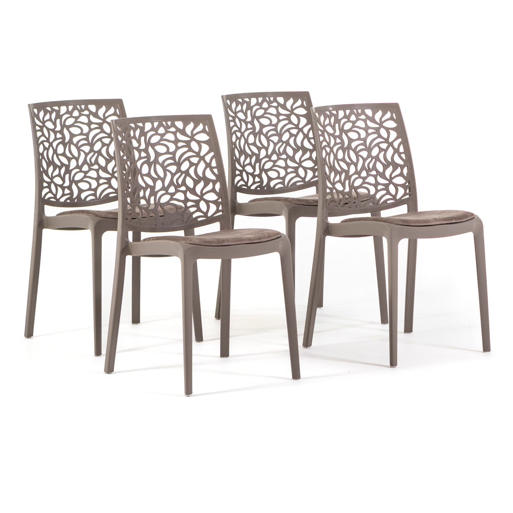 Lot de 4 chaises en polypropylène avec coussin, empilables, design moderne pour cuisine, salle à manger, bar ou restaurant – Anna – Taupe/Taupe