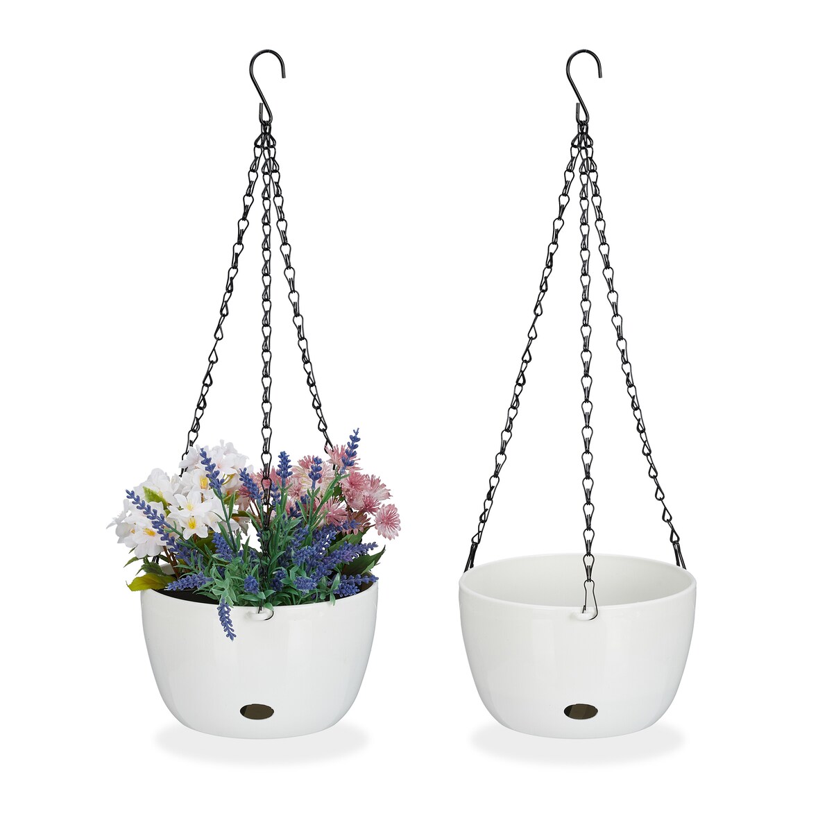 Relaxdays Blumenampel mit Wasserspeicher, 2er Set, HxD 56x20,5 cm, außen & innen, hängender Blumentopf, Kunststoff, weiß