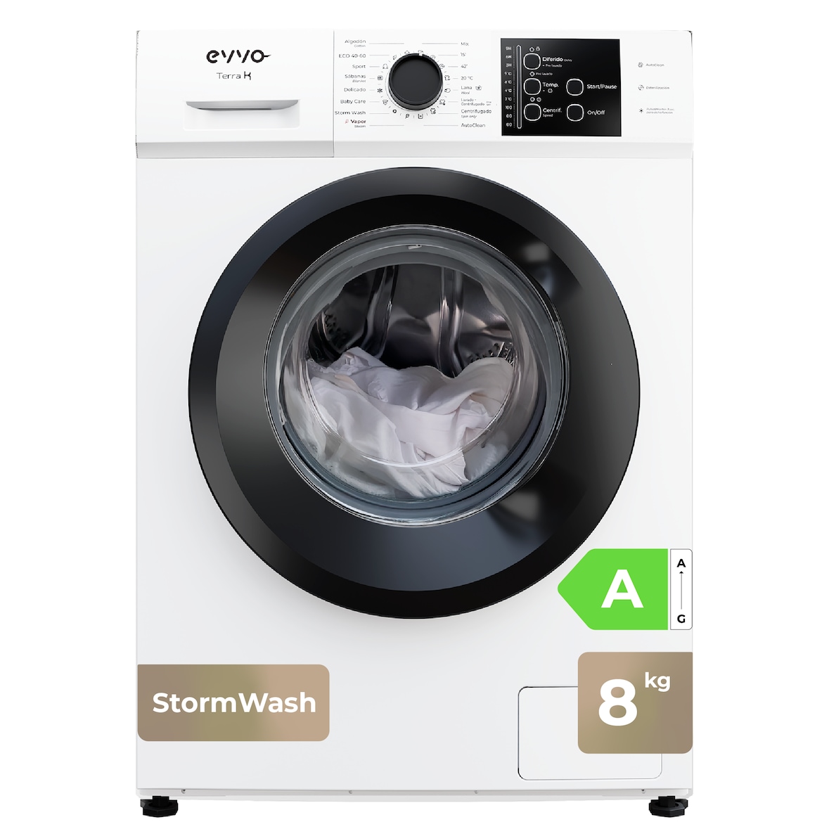 EVVO Lavadora 8 kg carga frontal Terra K8, 1200 rpm, Clase energética A, 48 cm de fondo, Libre instalación, Blanco