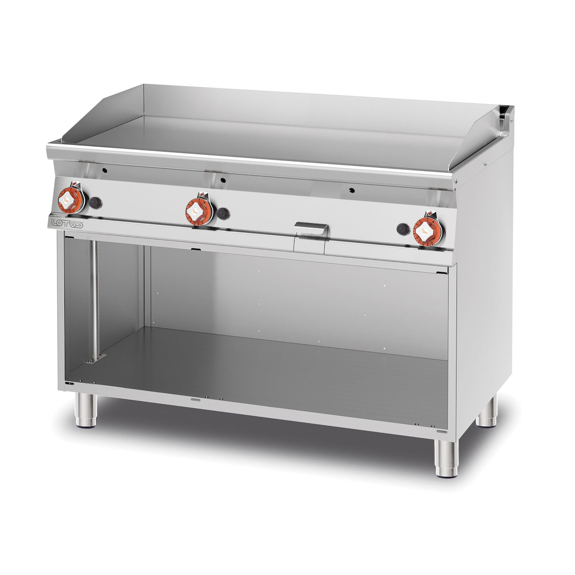 Fry top gas liscio cromato MOCA Approved tre zone di cottura. Struttura in acciaio Inox. Misure 120x70,5 h 90 cm. Modello FTL-712GS3