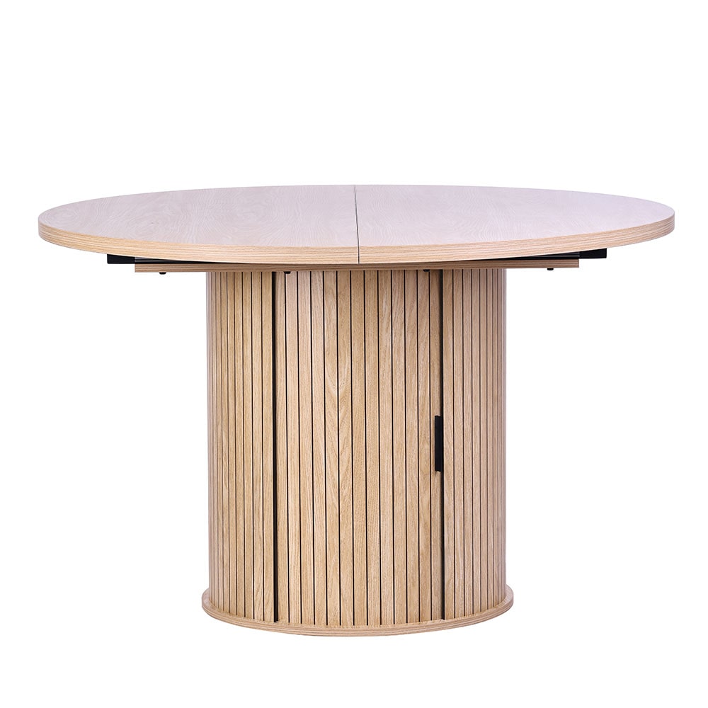 Table ronde extensible en mélaminé effet bois avec base de rangement, design élégant et fonctionnel, Ø120/160 cm, pour cuisine et séjour – ASCANIO