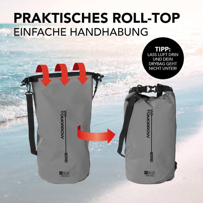 Wasserdichte Tasche mit Rollverschluss.