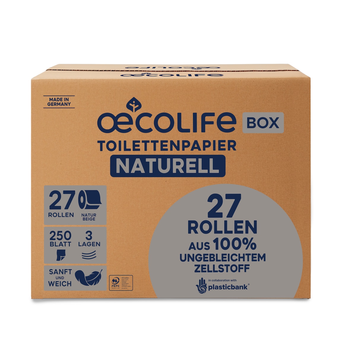 Toilettenpapier oecolife Ungebleicht 1602702 3-lagig 250 Blatt 27 Rollen