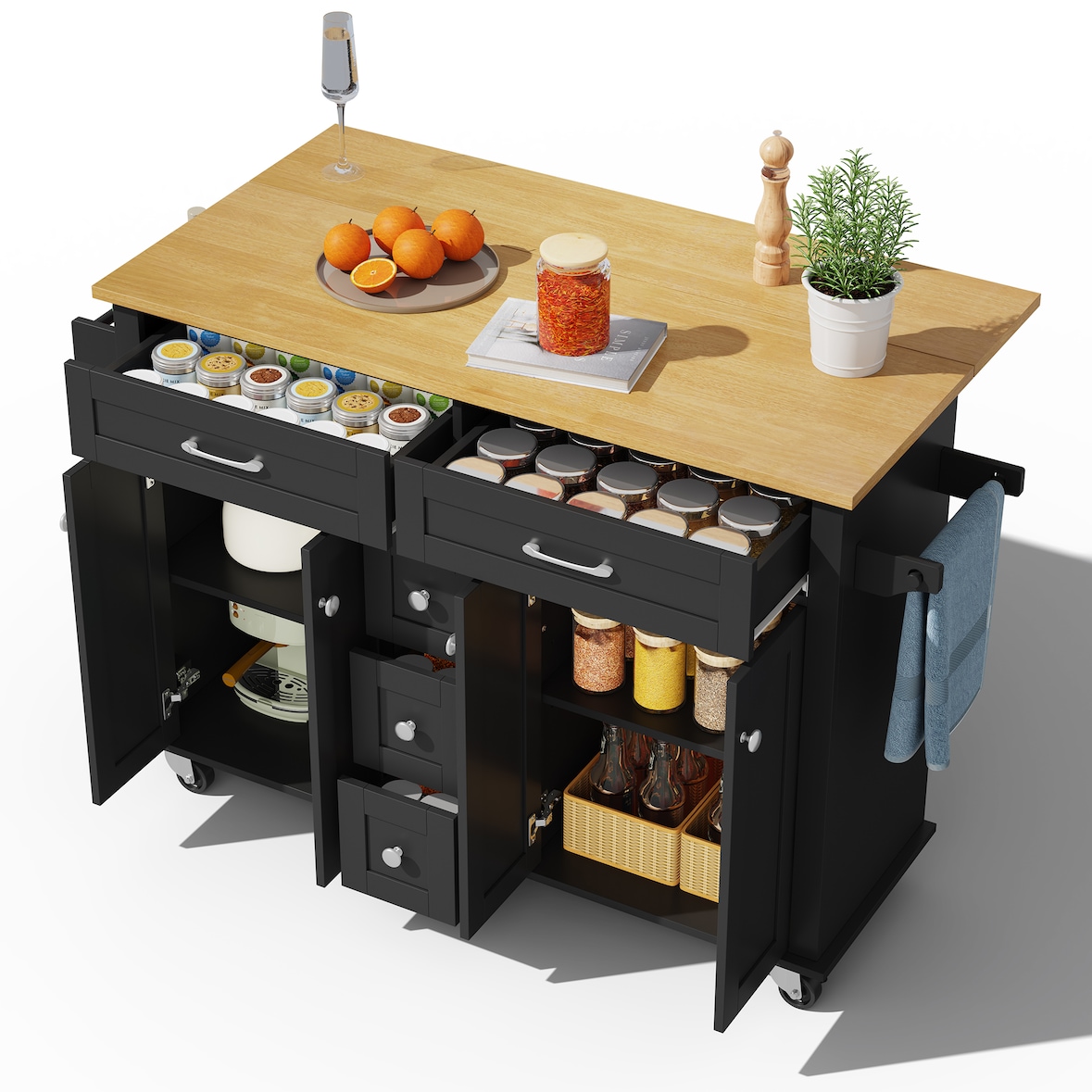 Multifunktionaler Küchenwagen 120×65 cm mit ausklappbarer Arbeitsplatte und 5 Schubladen in Schwarz und Natur