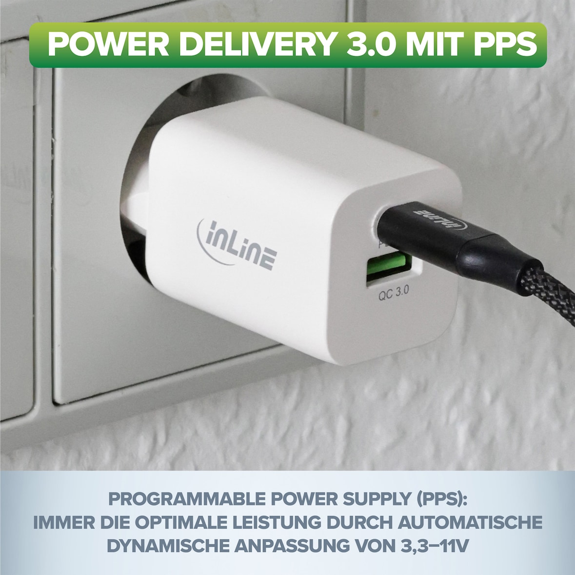 InLine® 31508C InLine® USB Netzteil, Ladegerät, USB-A + USB Typ-C, 33W, Power Delivery + Quick Charge, schwarz