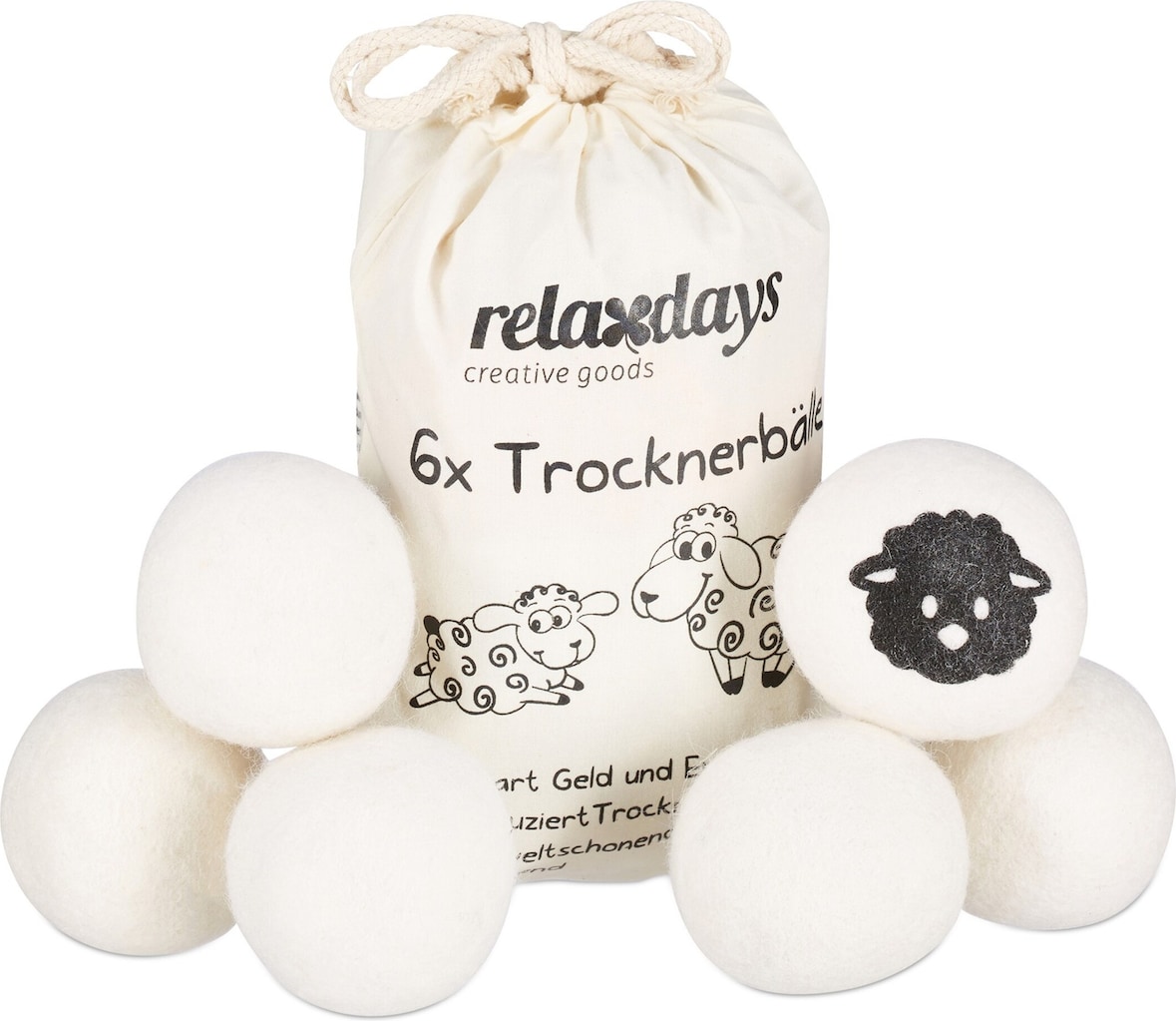 Relaxdays Trocknerbälle XXL, 6 Trocknerkugeln, Filzbälle für Trockner, aus Schafswolle, umweltschonend, Ø 7 cm, weiß