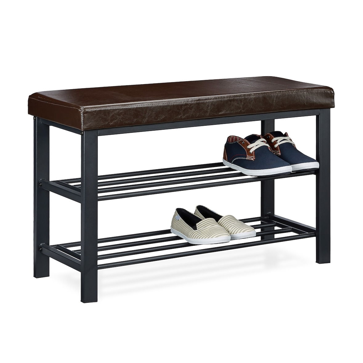 Relaxdays Schuhbank, 6-8 Paar Schuhe, Schuhregal zum Sitzen, Kunstleder-Polster, HxBxT: 49 x 81 x 31 cm, 2 Etagen, braun