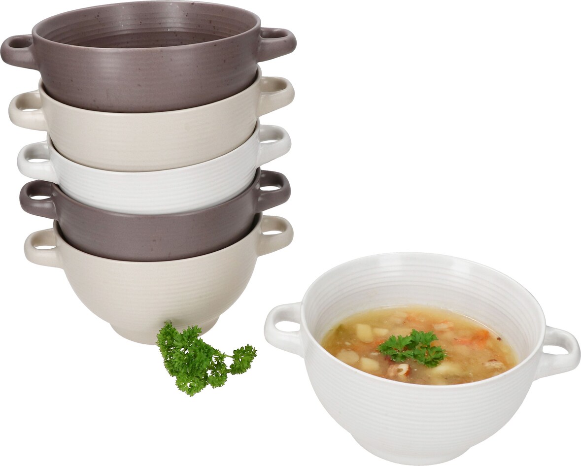 6x Sandy Suppentasse 450ml mit Henkeln Suppenterrine stapelbar Beige Braun Weiß
