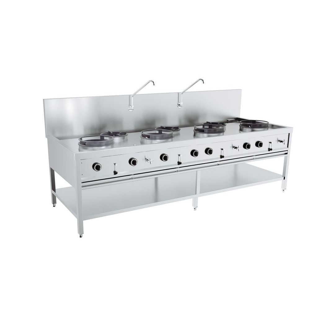 Combisteel gas woktafel met 7 branders en onderstel 2500x900x750mm