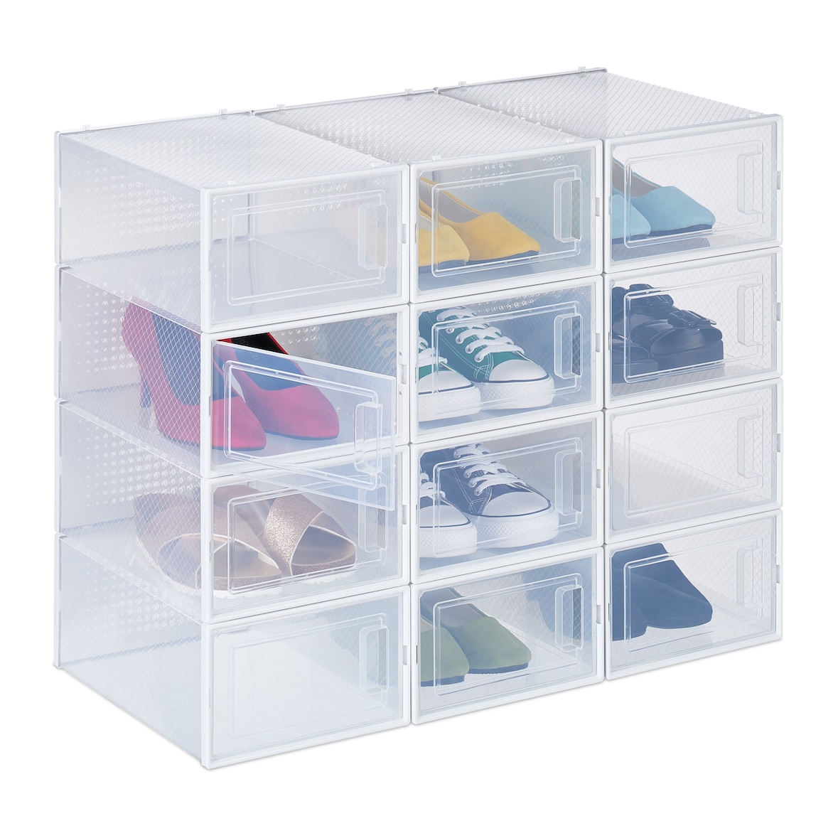 Relaxdays Schuhboxen 12er Pack, mit Tür, Schuhorganizer, stapelbar, Schuhe bis Größe 45, Lüftungsschlitze, transparent