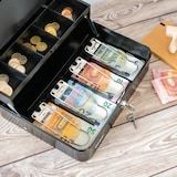 thumbnail of HMF 15230-02 Geldkassette abschließbar mit Münzeinsatz und 4 Scheinfächer mit Klammer, 30 x 24 x 9 cm, Schwarz