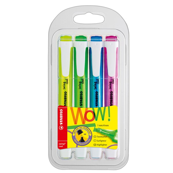 STABILO Pochette de 4 surligneurs swing cool jaune bleu vert rose