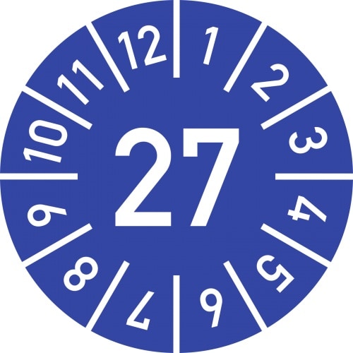 Dreifke® Prüfplakette Jahr 27 mit Monaten, blau, Dokumentenfolie, Ø 10 mm, 10 St./Bo.