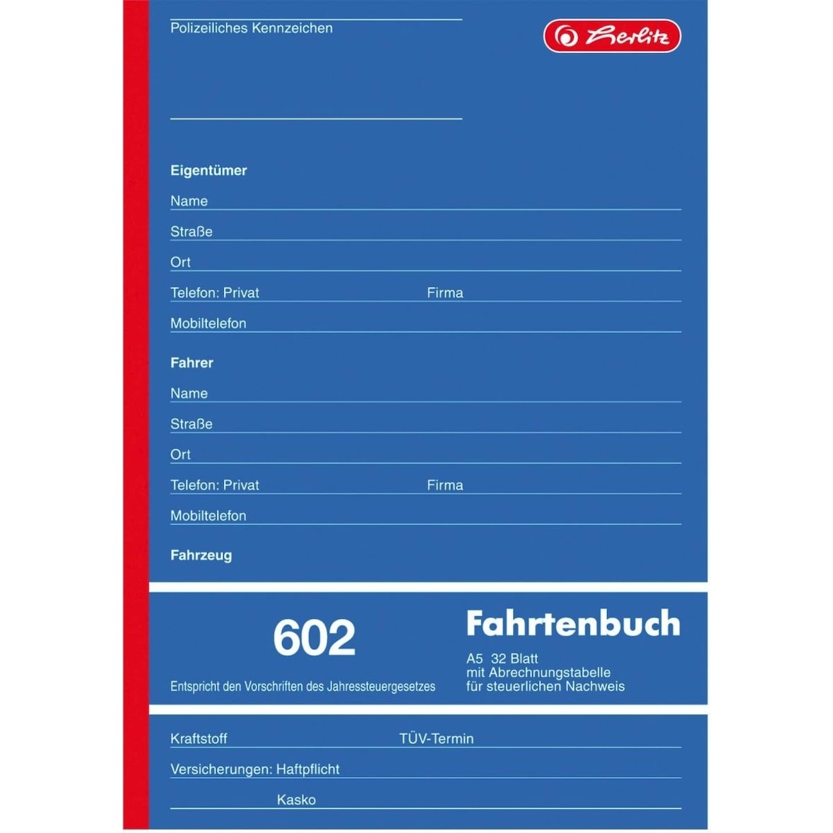 Formularbuch Fahrtenbuch A5 602 32 Blatt