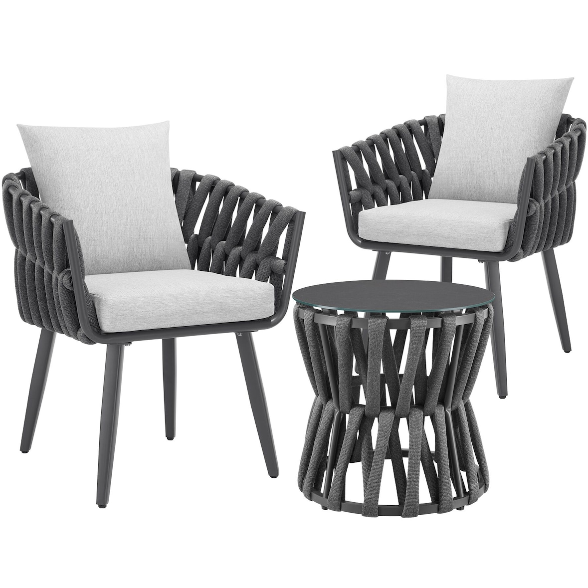 tectake Tuinset Lugano 3-delig Rope Design Aluminium Tafel Ø46cm 2 Stoelen Dikke Kussens Waterafstotend Buitenmeubel Set Antraciet