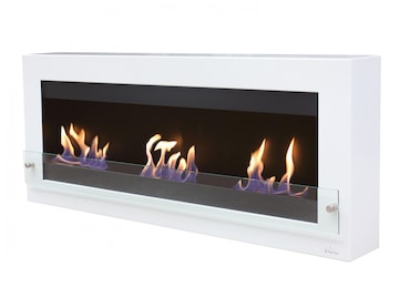 PURLINE Biocamino panoramico bianco a parete con tripla fiamma MELIBEA