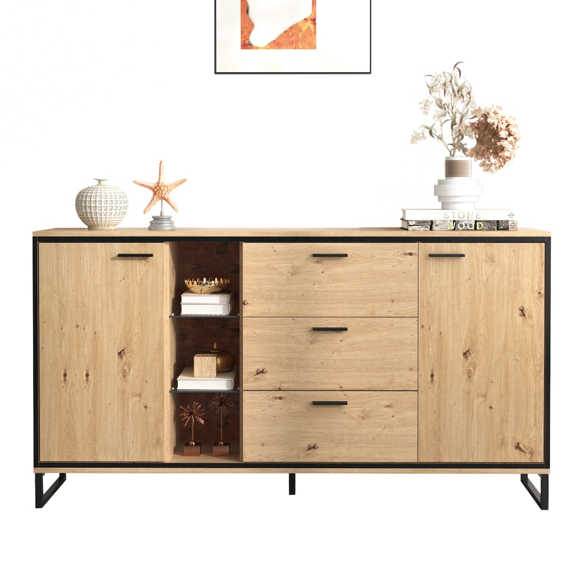 Merax Sideboard mit LED-Beleuchtung und Glasablagen, Kommode Holz mit großem Stauraum und verstellbare Einlegeböden