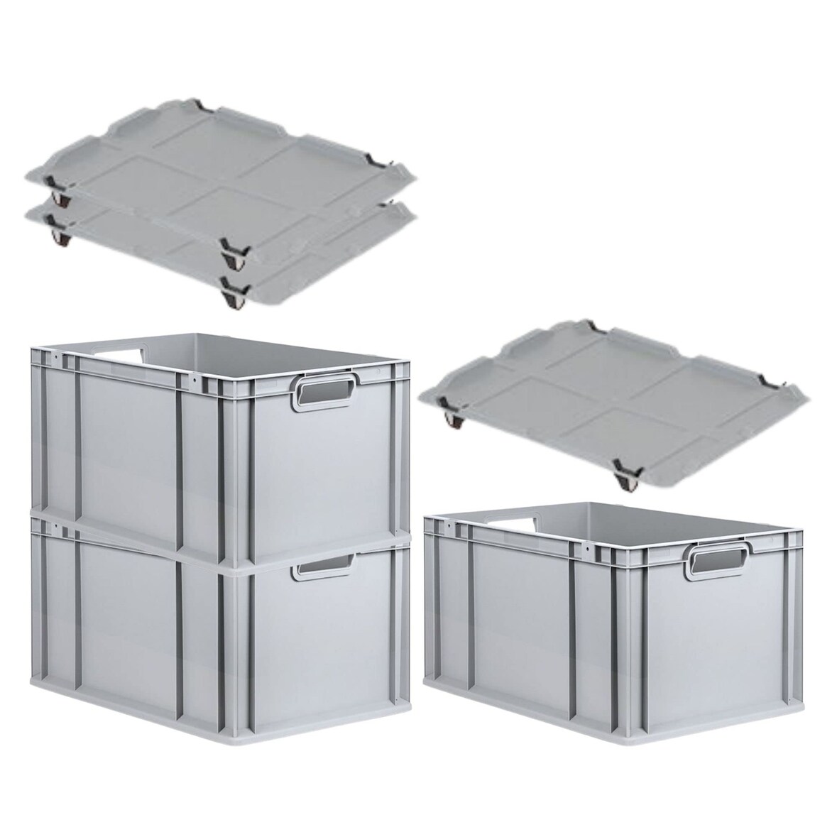 PROREGAL SuperSparSet 3x Eurobox NextGen Economy mit Auflagedeckel & 4x Verschlüsse Schwarz, Griffe offen, HxBxT 32x40x60cm, 65L, Eurobehälter, Box