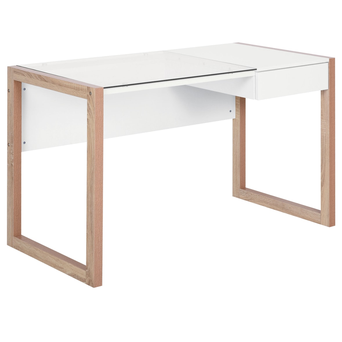 HOMCOM Mesa Ordenador Moderna Cajón Tablero Vidrio Templado 120x60x75cm Blanco