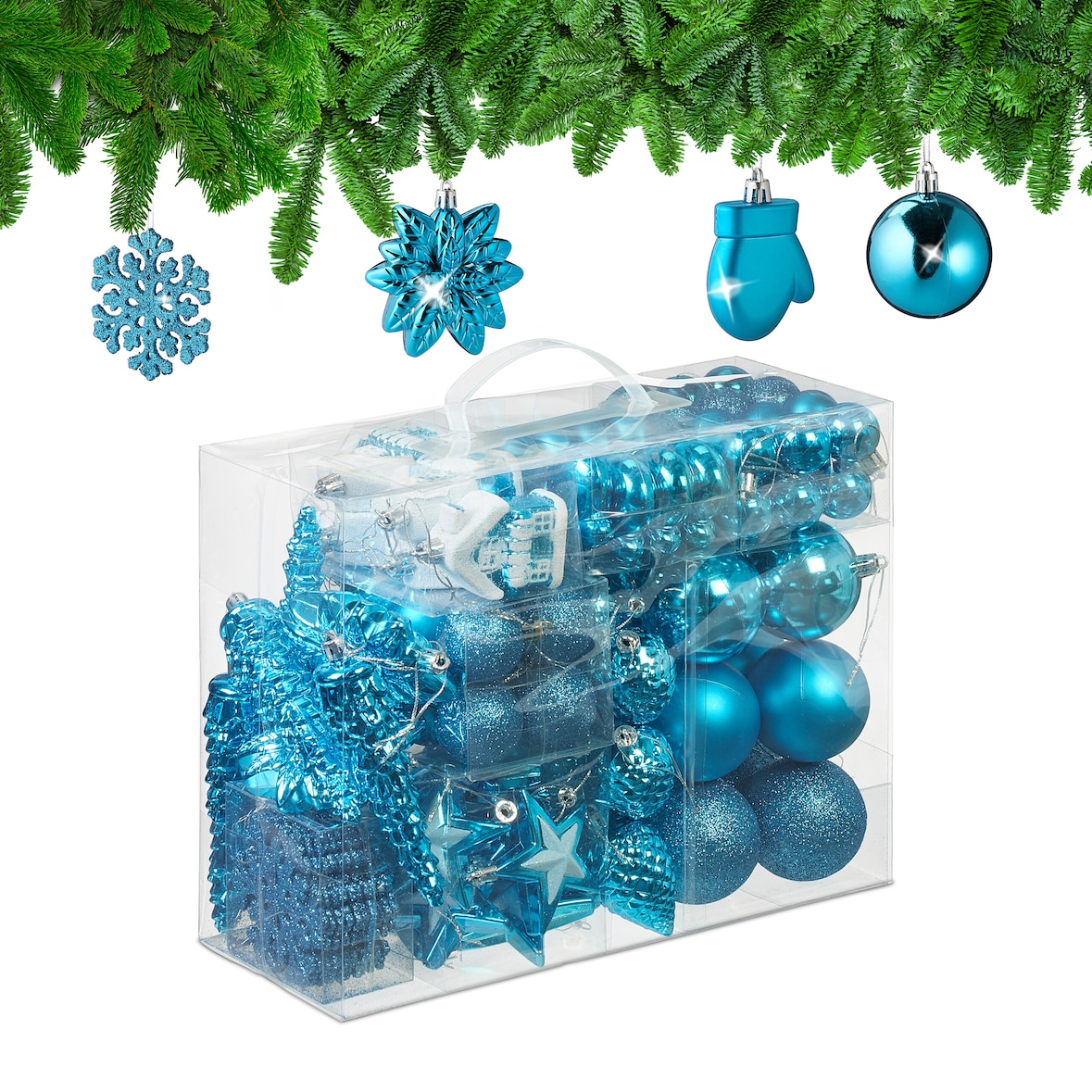 Relaxdays Weihnachtskugeln 100er Set, glitzernd, matt & glänzend, Baumschmuck, Kunststoff, verschiedene Designs, türkis