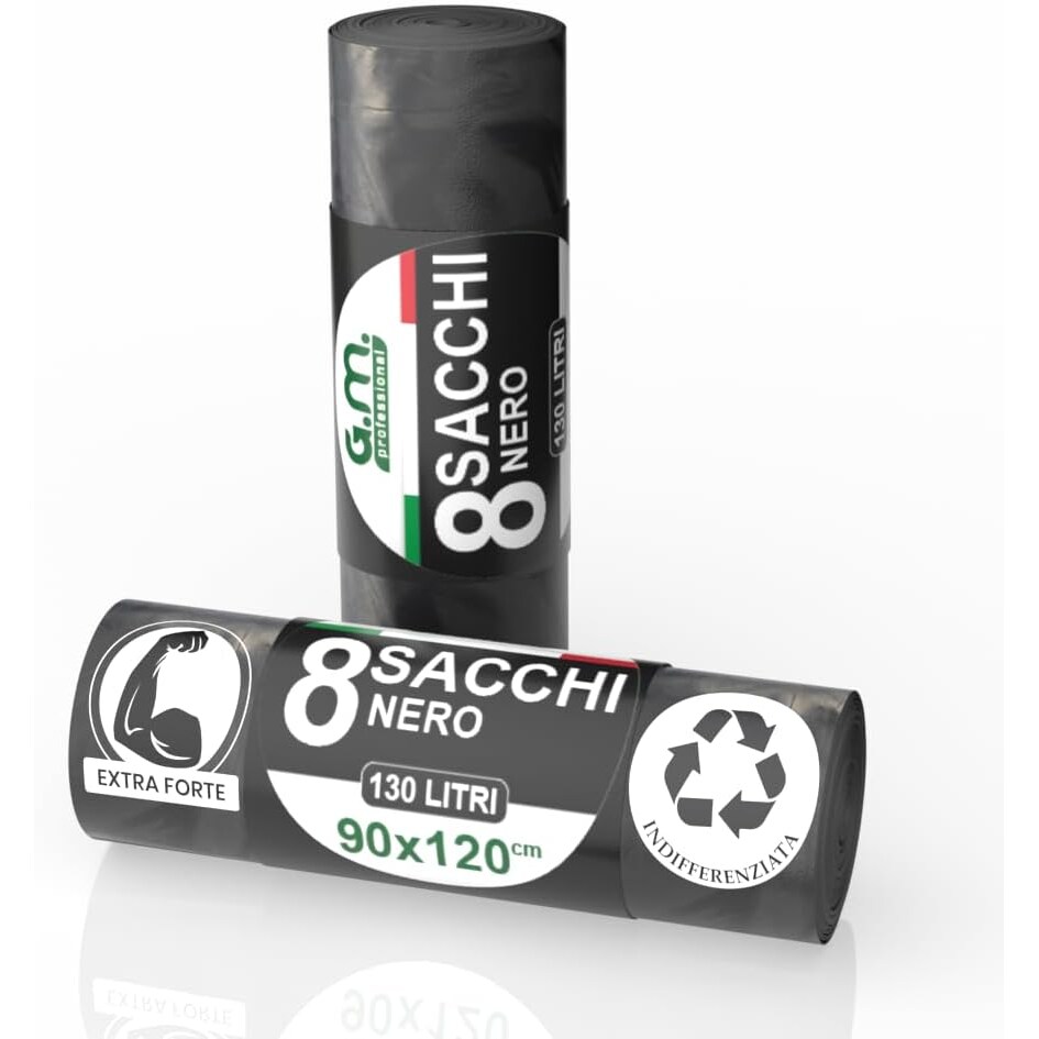G.M. DISTRIBUZIONE - 8 Sacchi Neri Grandi Resistenti 90x120 cm Plastica HDPE, 130 litri, Sacchetti Indifferenziata, Sacchi Spazzatura Buste Spazzatura