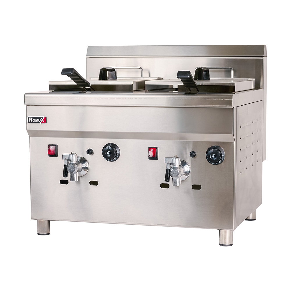 Romux® Friteuse À Gaz Naturel Professionnelle 18+18 Litres Double de Table | Friteuse en Acier Inoxydable avec Robinet de Vidange 6000 W