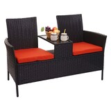 thumbnail of Poly-Rattan Sitzbank mit Tisch HWC-E24, Gartenbank Sitzgruppe Gartensofa, 132cm ~ schwarz, Kissen terracotta