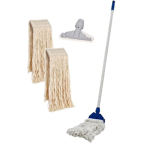 Set Mop Professionale Cotone 400g - 2 Ricambi + Manico Alluminio 140cm + Pinza - Lavapavimenti