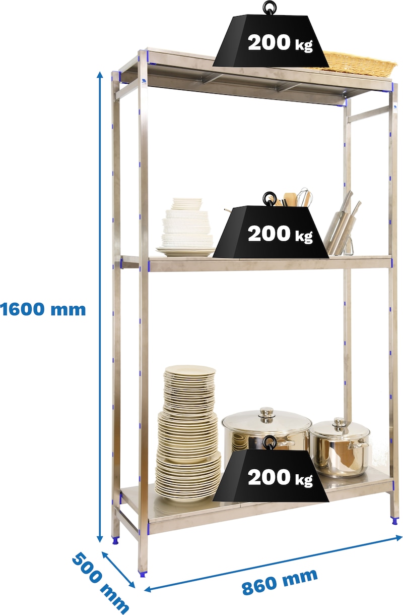 RVS Rek initieel SIMONINOX met 3 planken en afmetingen van 1600x860x500 ...