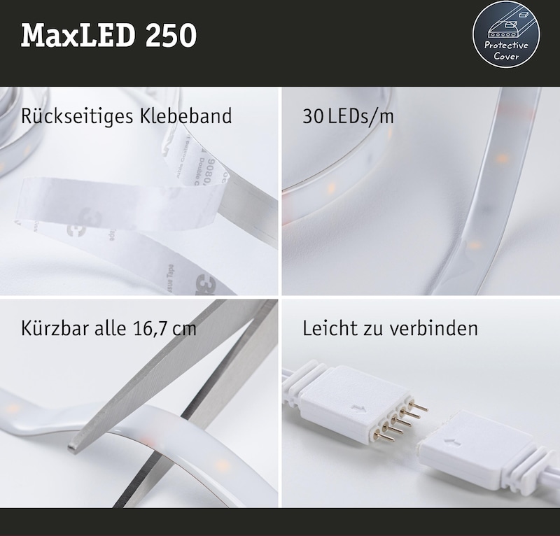 LED-Streifen mit Klebeband, kürzbar und leicht zu verbinden.
