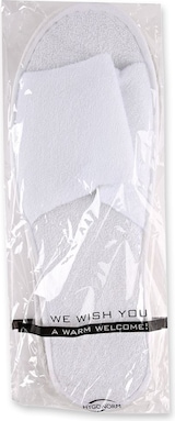 thumbnail of 10 Paar Slipper offen aus Polyester Weiß 31 cm lang wasserabweisend Hotelslipper Hausschuhe Hotelhausschuhe Einwegslipper Gästehausschuhe