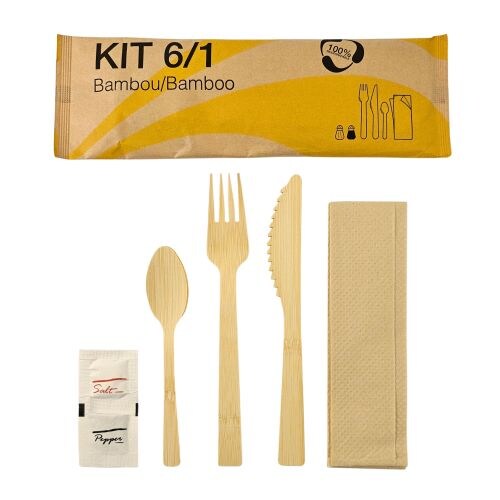 Sets couverts bambou 6/1 sachet papier (couverts, sel poivre, serviette) (500 unités)