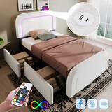 thumbnail of Merax Polsterbett mit USB Typ C Ladefunktion LED-Beleuchtung und 2 Schubladen, Einzelbett 90x200cm, Höhenverstellbarem Kopfteil, Sherp-Weiß