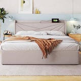 thumbnail of Polsterbett Stauraumbett Bettgestell 140x200 mit USB TypC Ladefunktion Kopfteil Stauraum Eisenrahmen Massivholzlatten stabil modern bequem beige